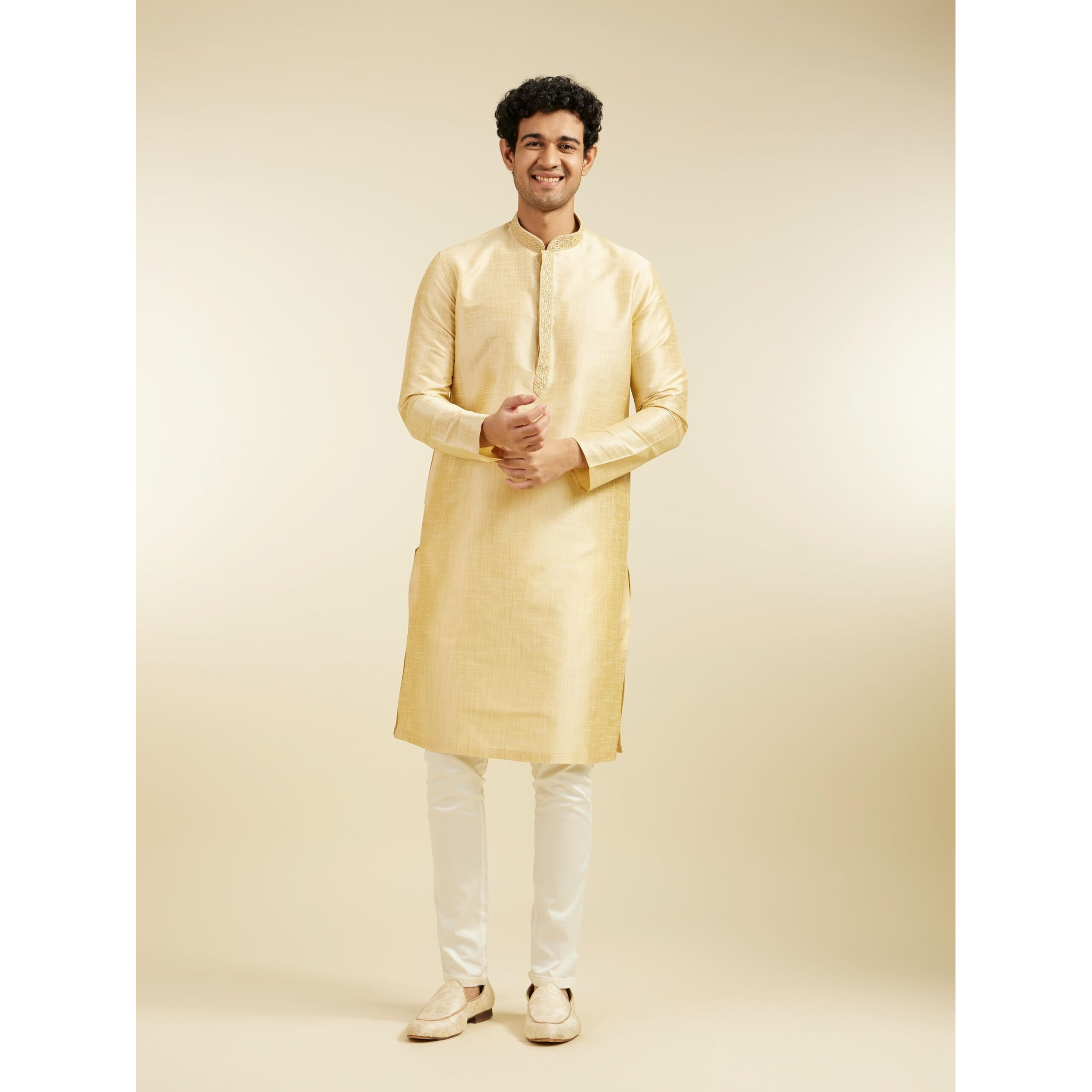 Diwas By Manyavar Men's Art Silk Solid Kurta (Fawn,S)