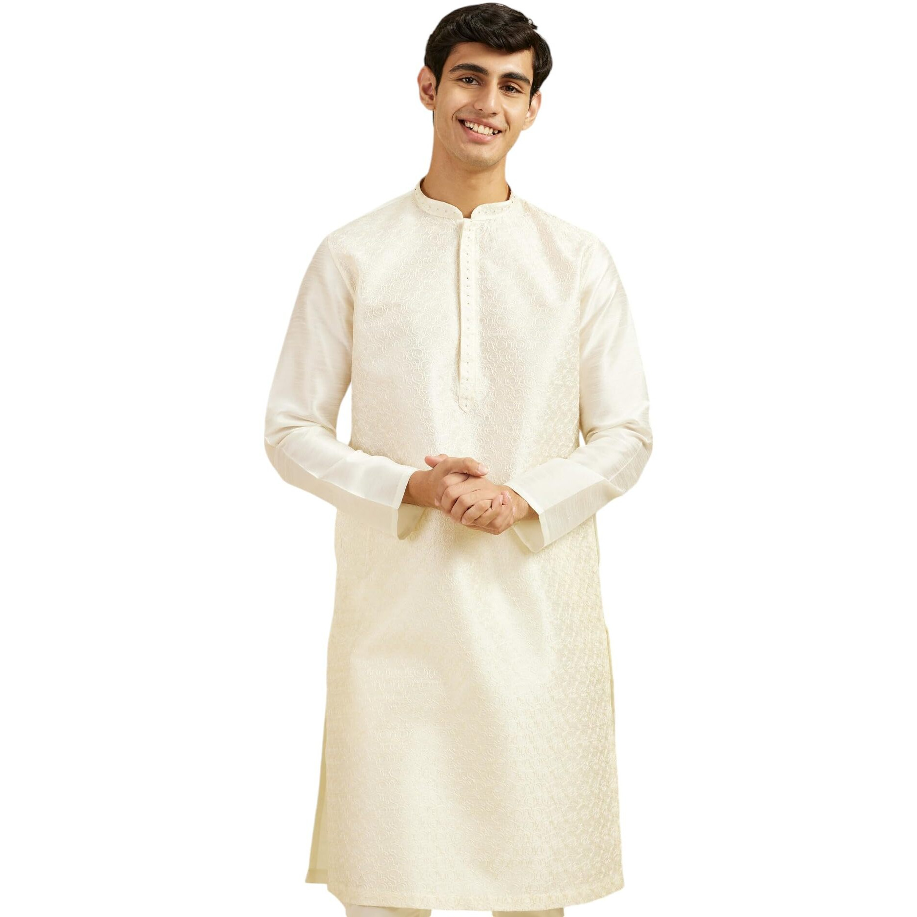 Diwas By Manyavar Men's Art Silk Self Design Kurta (Warm White,L)