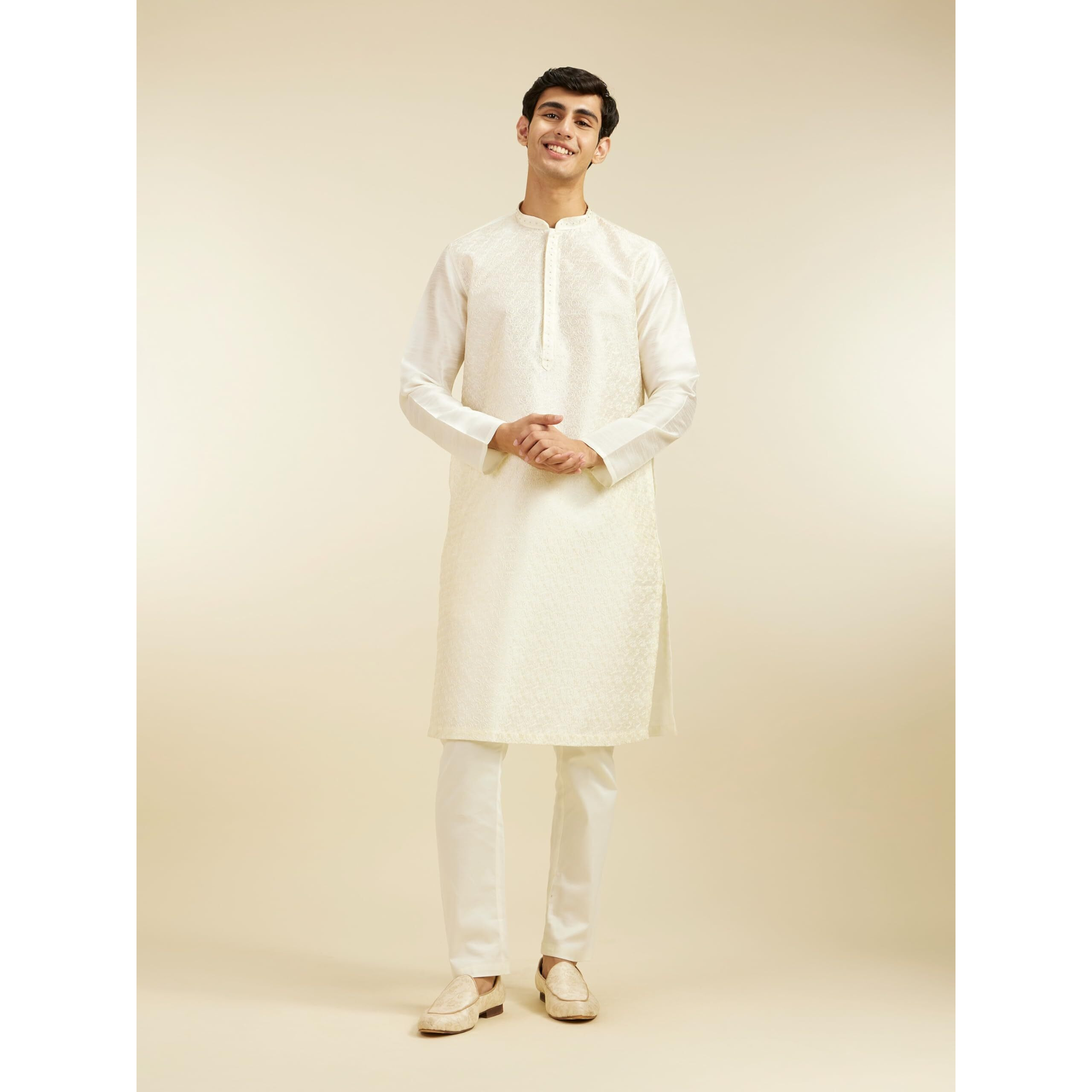 Diwas By Manyavar Men's Art Silk Self Design Kurta (Warm White,L)