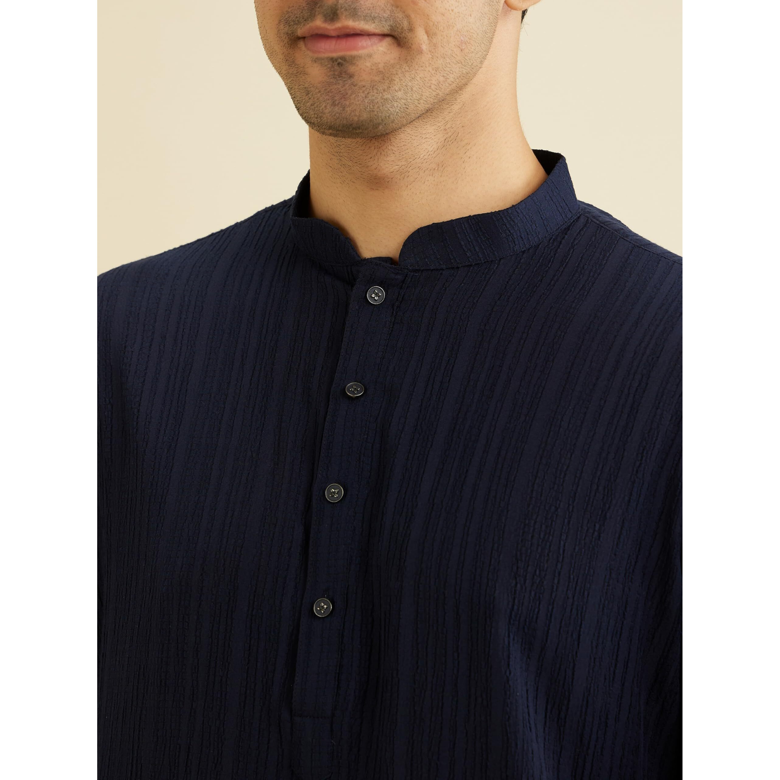 Manyavar Men's Spandex Self Design Kurta (Blue,Xxxl)