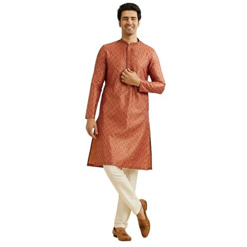 Manyavar Men's Cotton Blend Thread Embroidery Kurta Pyjama Set (Rust,M)