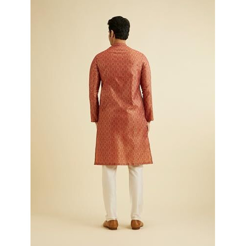 Manyavar Men's Cotton Blend Thread Embroidery Kurta Pyjama Set (Rust,M)