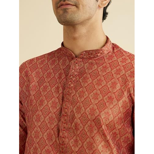 Manyavar Men's Cotton Blend Thread Embroidery Kurta Pyjama Set (Rust,M)