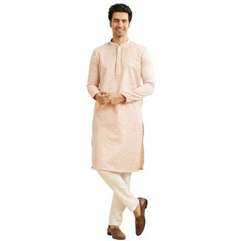 Manyavar Men's Satin Embroidered | Sequin Work Kurta Pyjama Set (Pink,Xl)