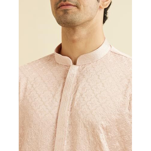 Manyavar Men's Satin Embroidered | Sequin Work Kurta Pyjama Set (Pink,M)