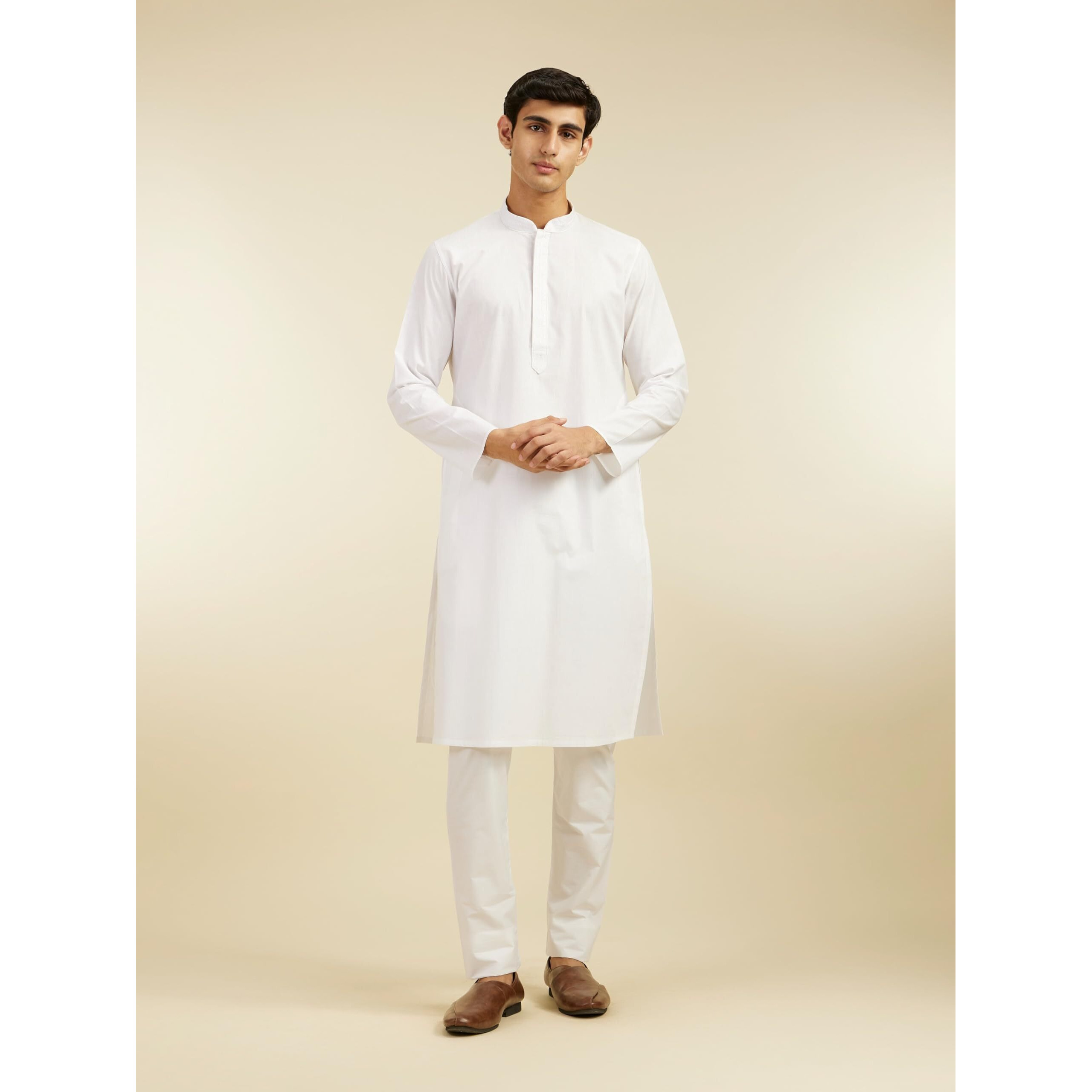 Diwas By Manyavar Men's Cotton Self Design Kurta (White,L)