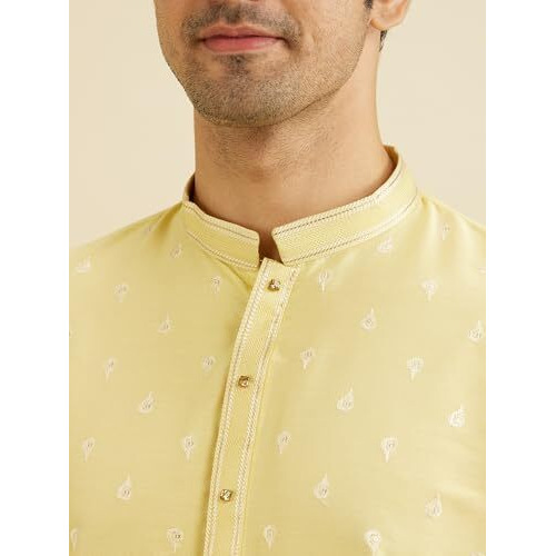Manyavar Men's Viscose Blend Sequin Work Kurta Set (Yellow,Xl)
