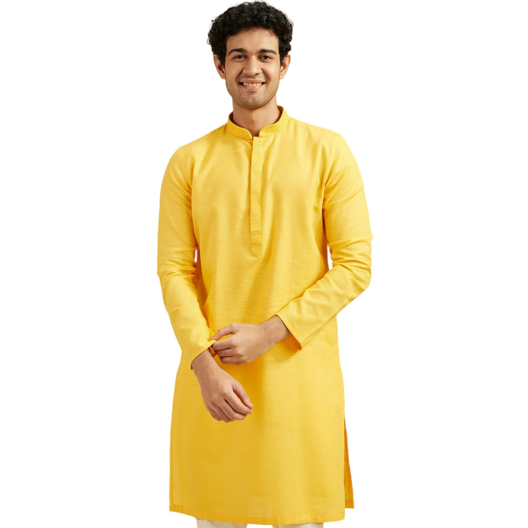 Diwas By Manyavar Men's Cotton Solid Kurta (Mustard,S)