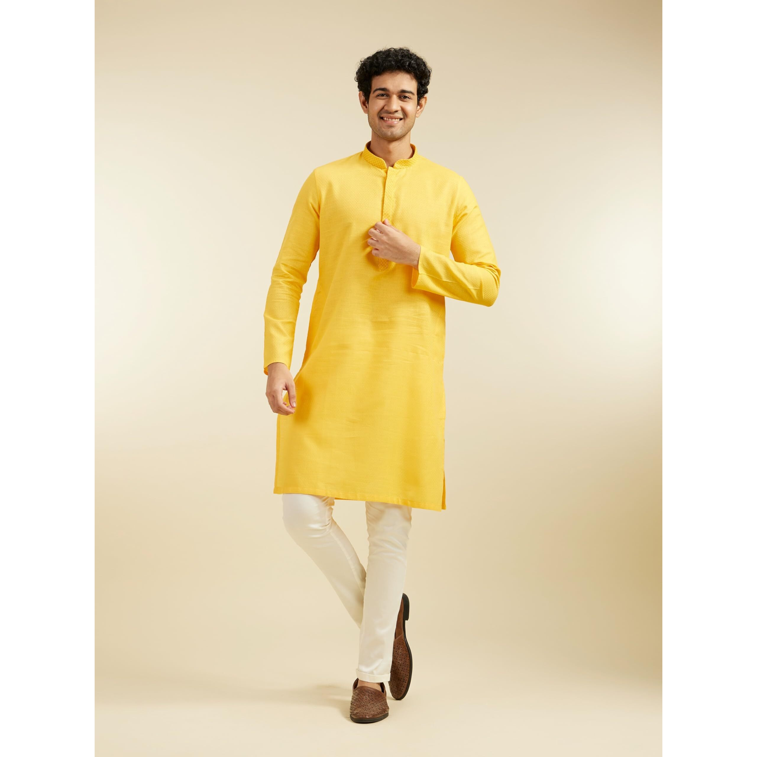 Diwas By Manyavar Men's Cotton Solid Kurta (Mustard,S)