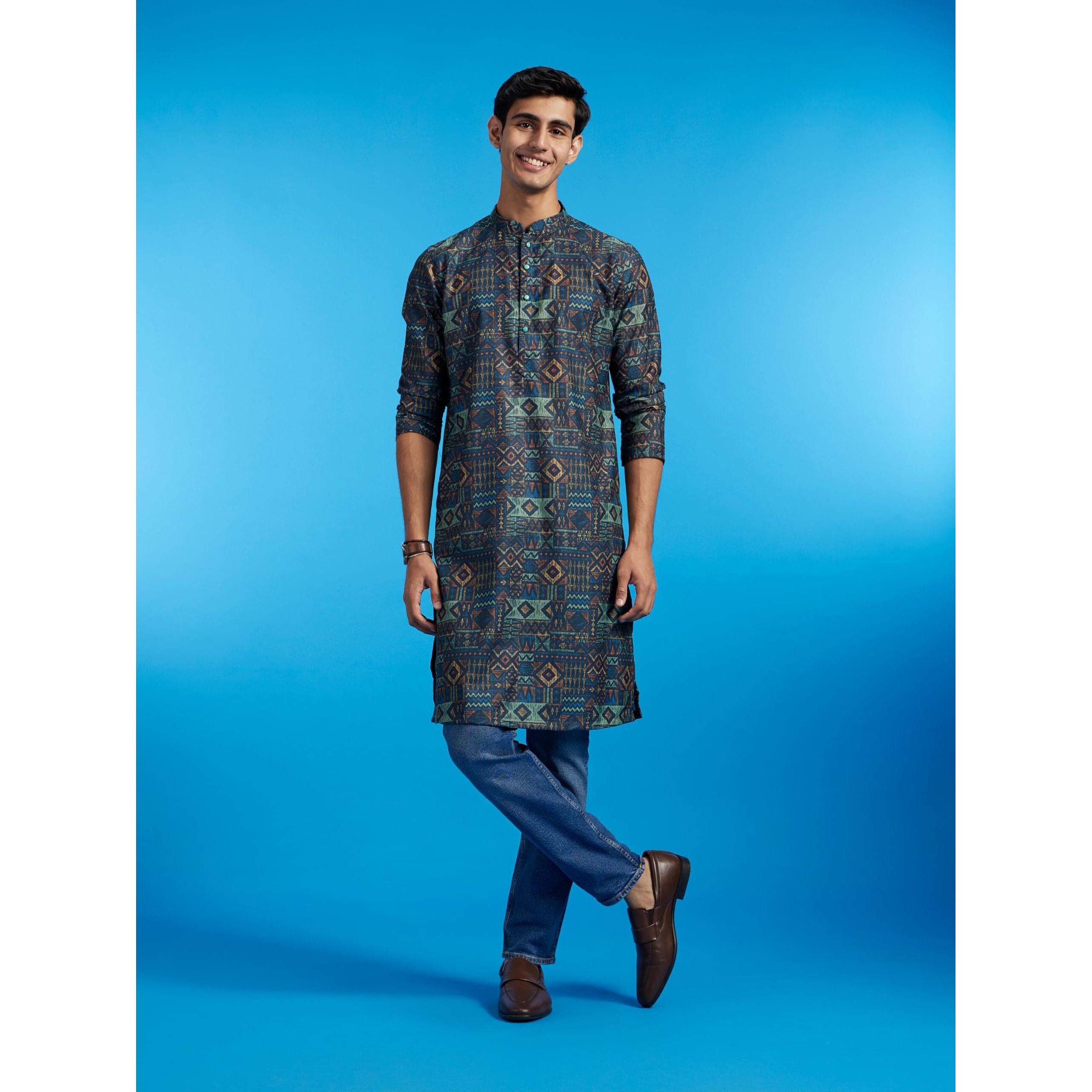 Diwas By Manyavar Men's Blended Viscose Printed Kurta (Teal Blue,M)