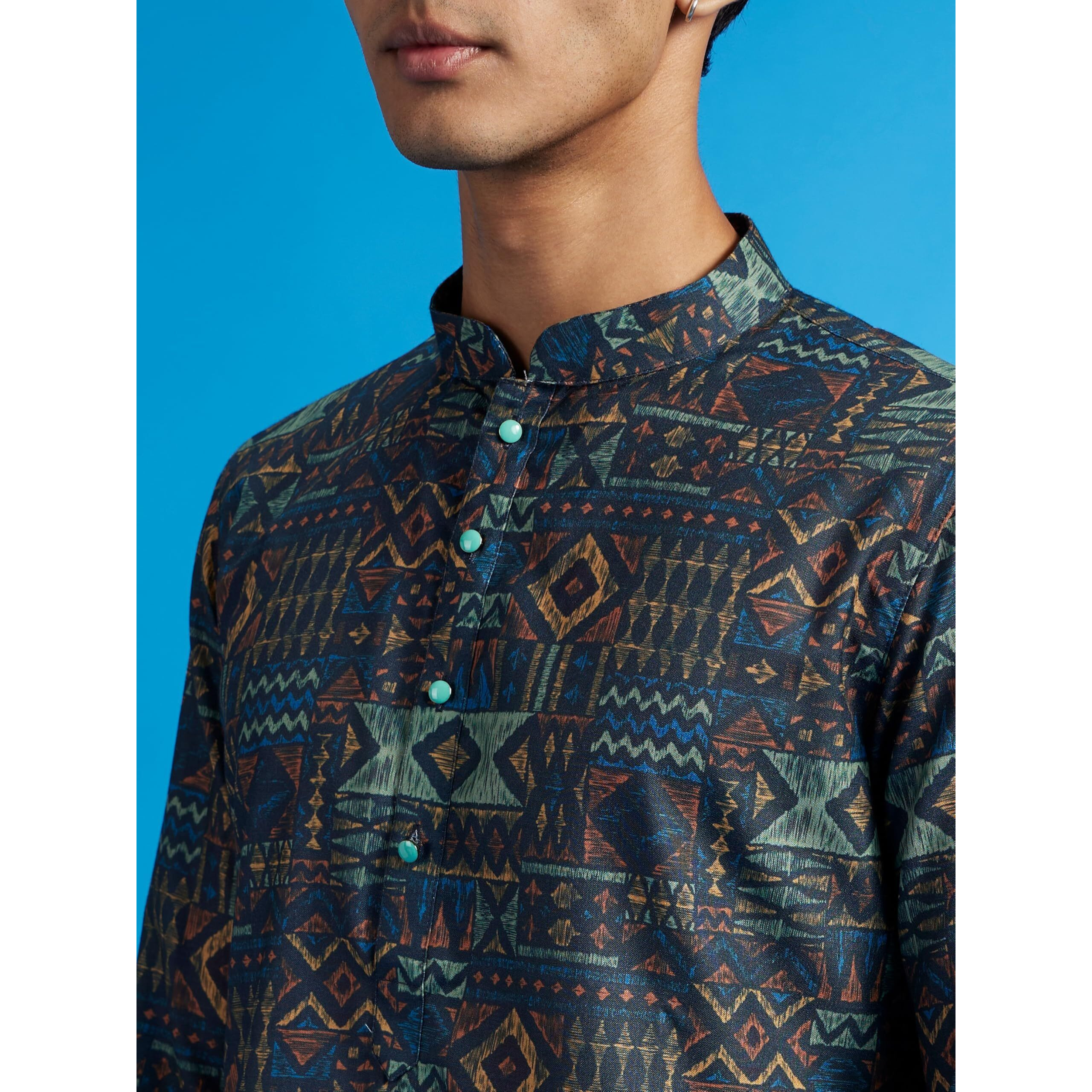 Diwas By Manyavar Men's Blended Viscose Printed Kurta (Teal Blue,M)