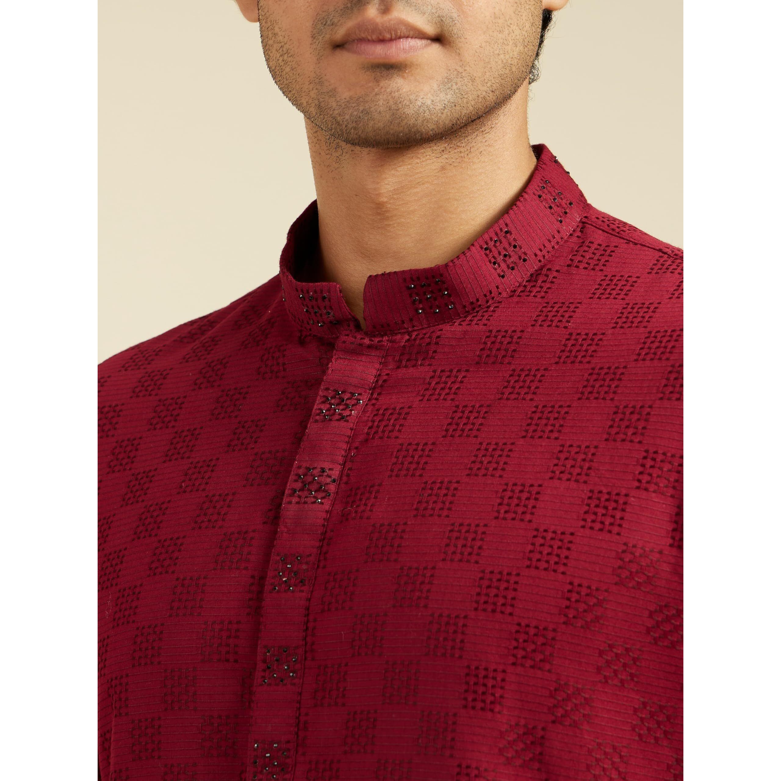 Diwas By Manyavar Men's Cotton Textured Kurta (Maroon,L)