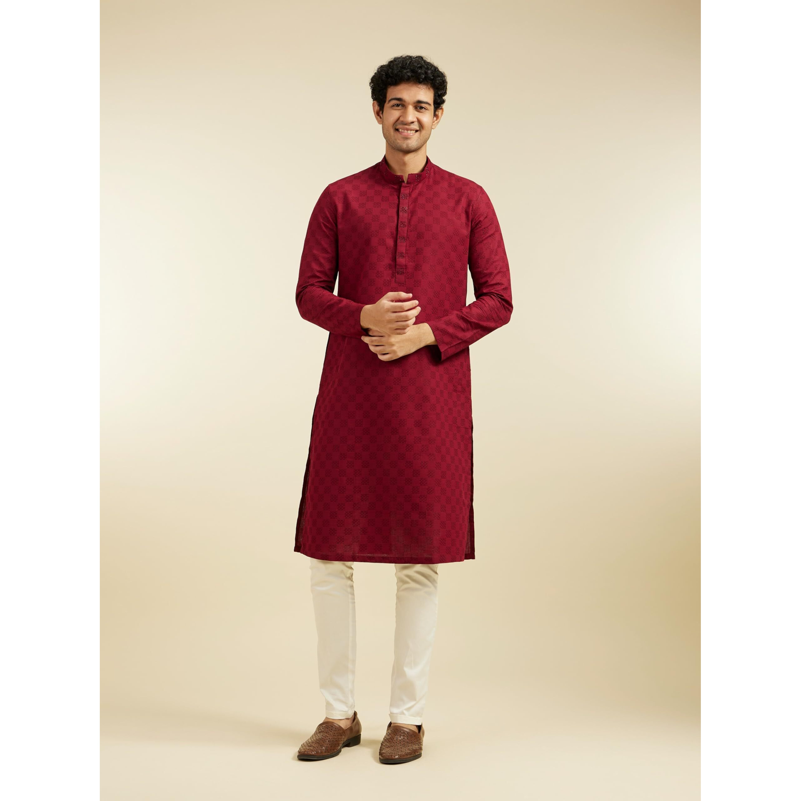 Diwas By Manyavar Men's Cotton Textured Kurta (Maroon,Xl)