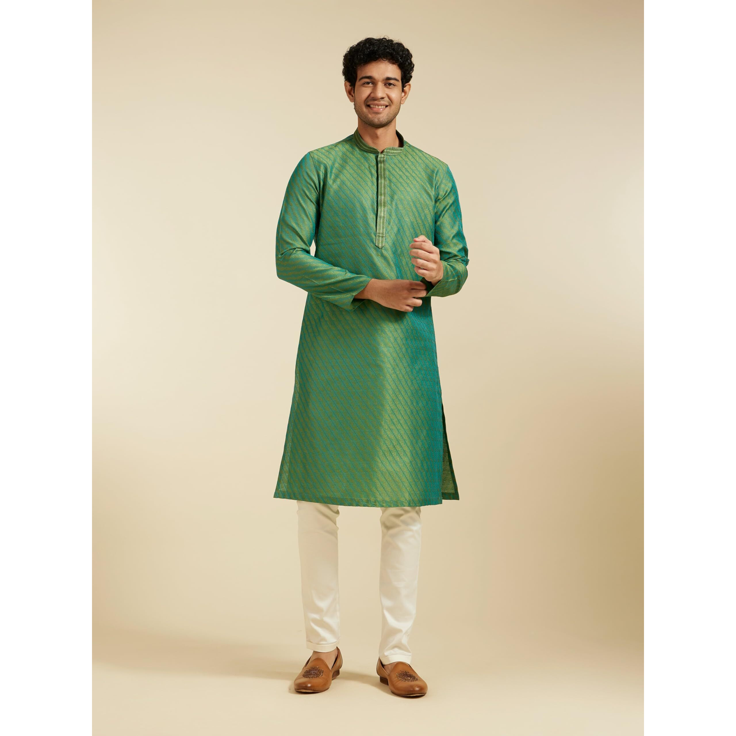 Diwas By Manyavar Men's Art Silk Jacquard Weave Kurta (Light Mid Green,S)