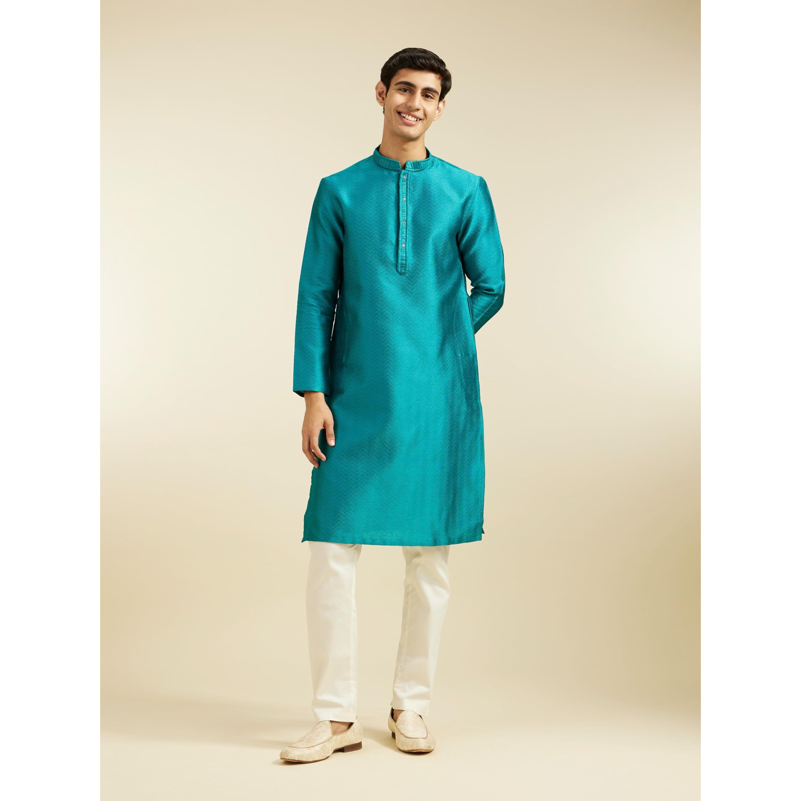 Diwas By Manyavar Men's Art Silk Jacquard Weave Kurta (Green,S)