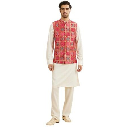 Manyavar Men's Art Silk Digital Print Kurta Jacket Set (Red,L)