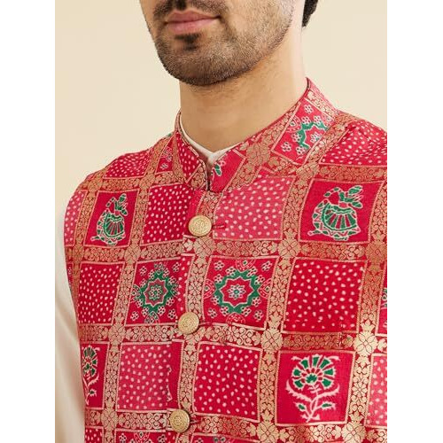 Manyavar Men's Art Silk Digital Print Kurta Jacket Set (Red,L)