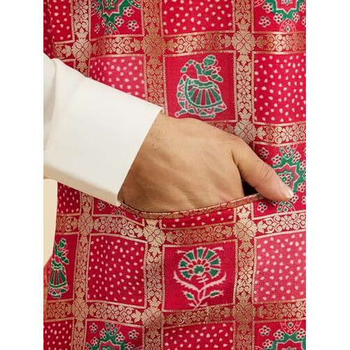 Manyavar Men's Art Silk Digital Print Kurta Jacket Set (Red,L)