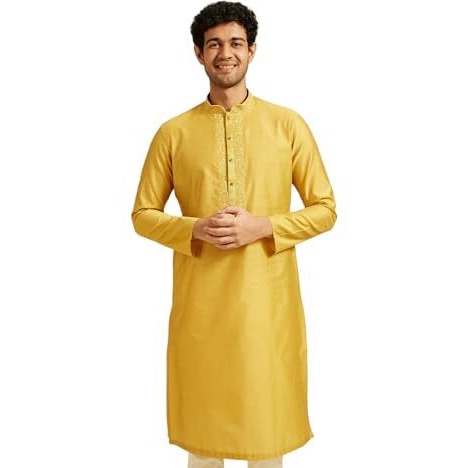 Diwas By Manyavar Men's Art Silk Embroidered Solid Kurta (Mustard,Xxxl)
