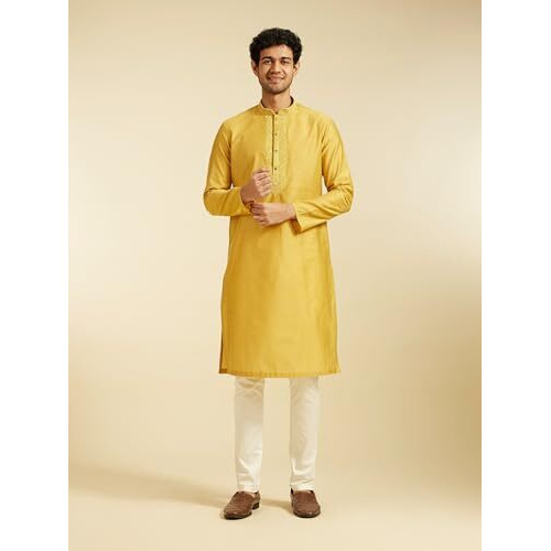 Diwas By Manyavar Men's Art Silk Embroidered Solid Kurta (Mustard,Xxxl)