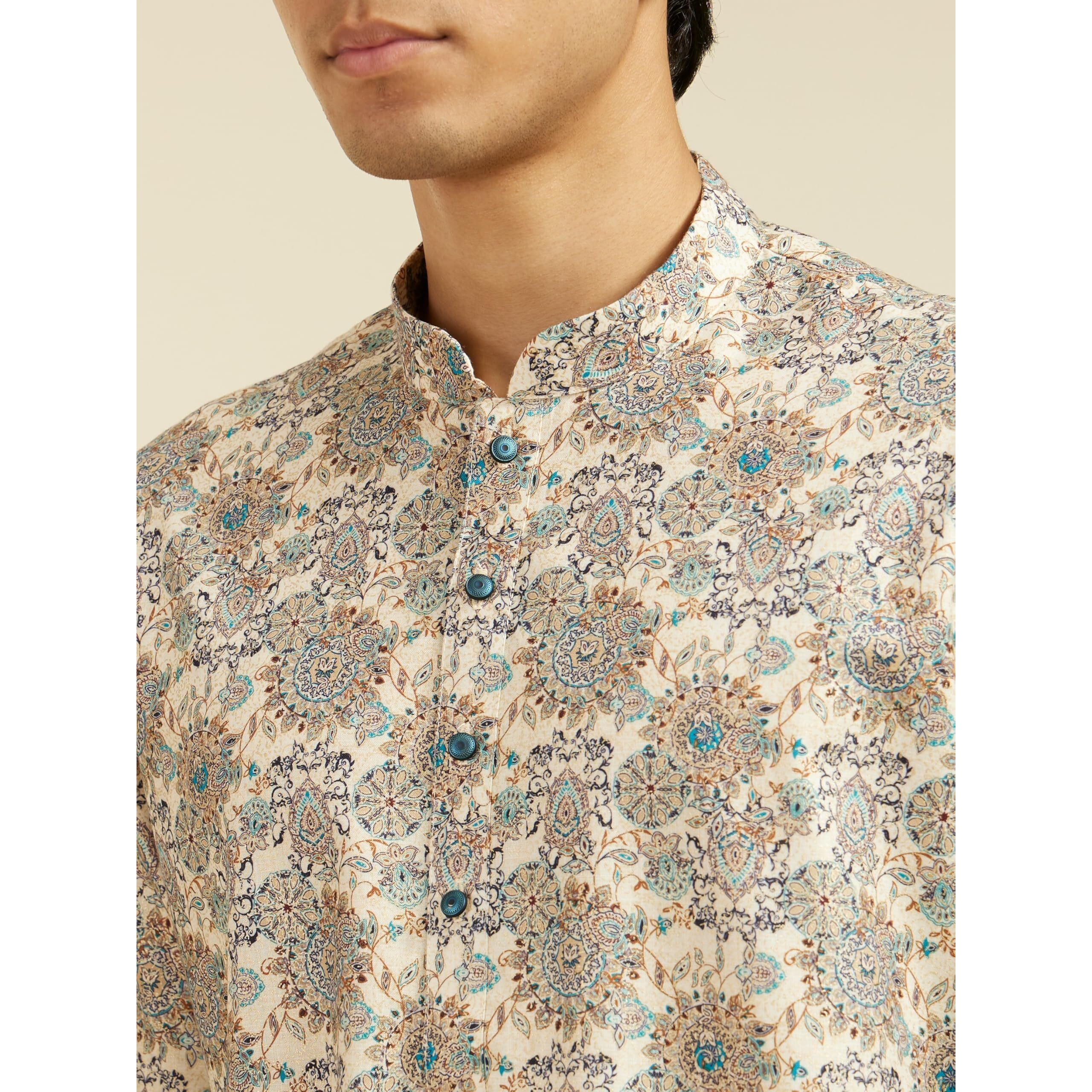 Diwas By Manyavar Men's Cotton Blend Printed Kurta (Beige,S)