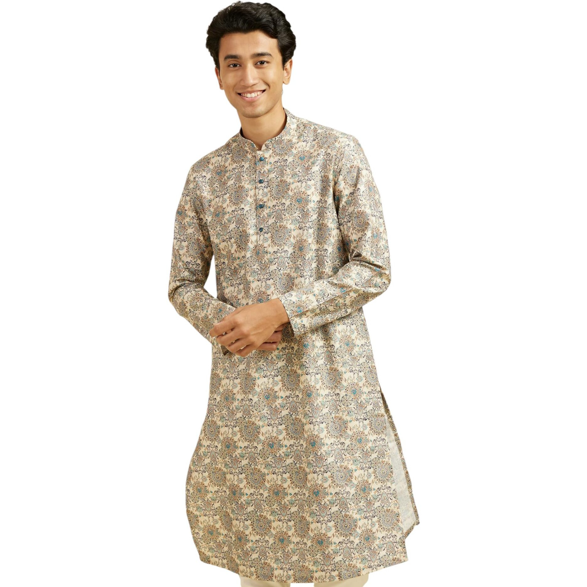 Diwas By Manyavar Men's Cotton Blend Printed Kurta (Beige,M)