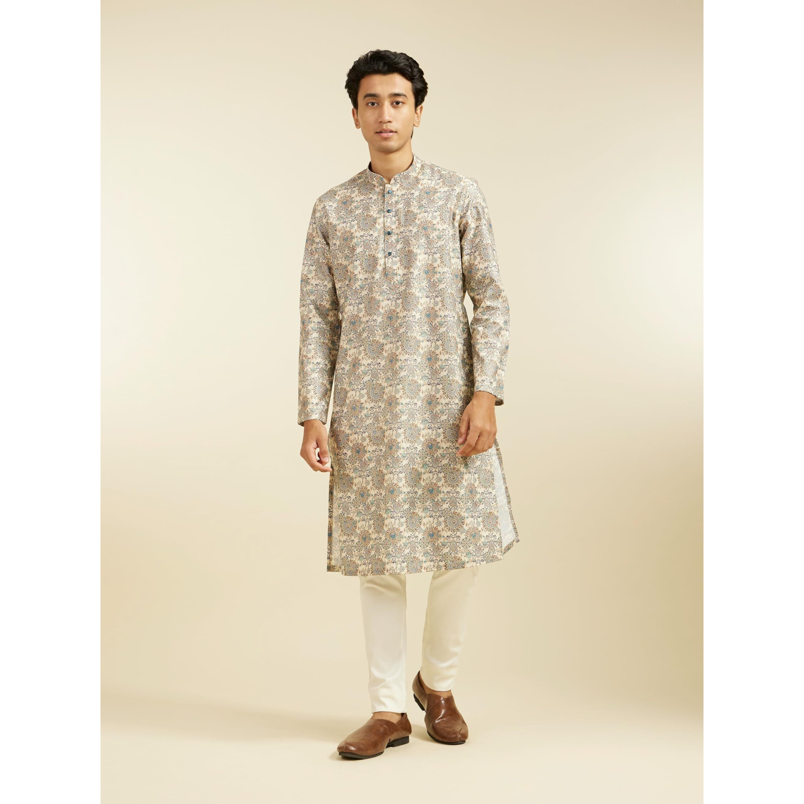 Diwas By Manyavar Men's Cotton Blend Printed Kurta (Beige,M)