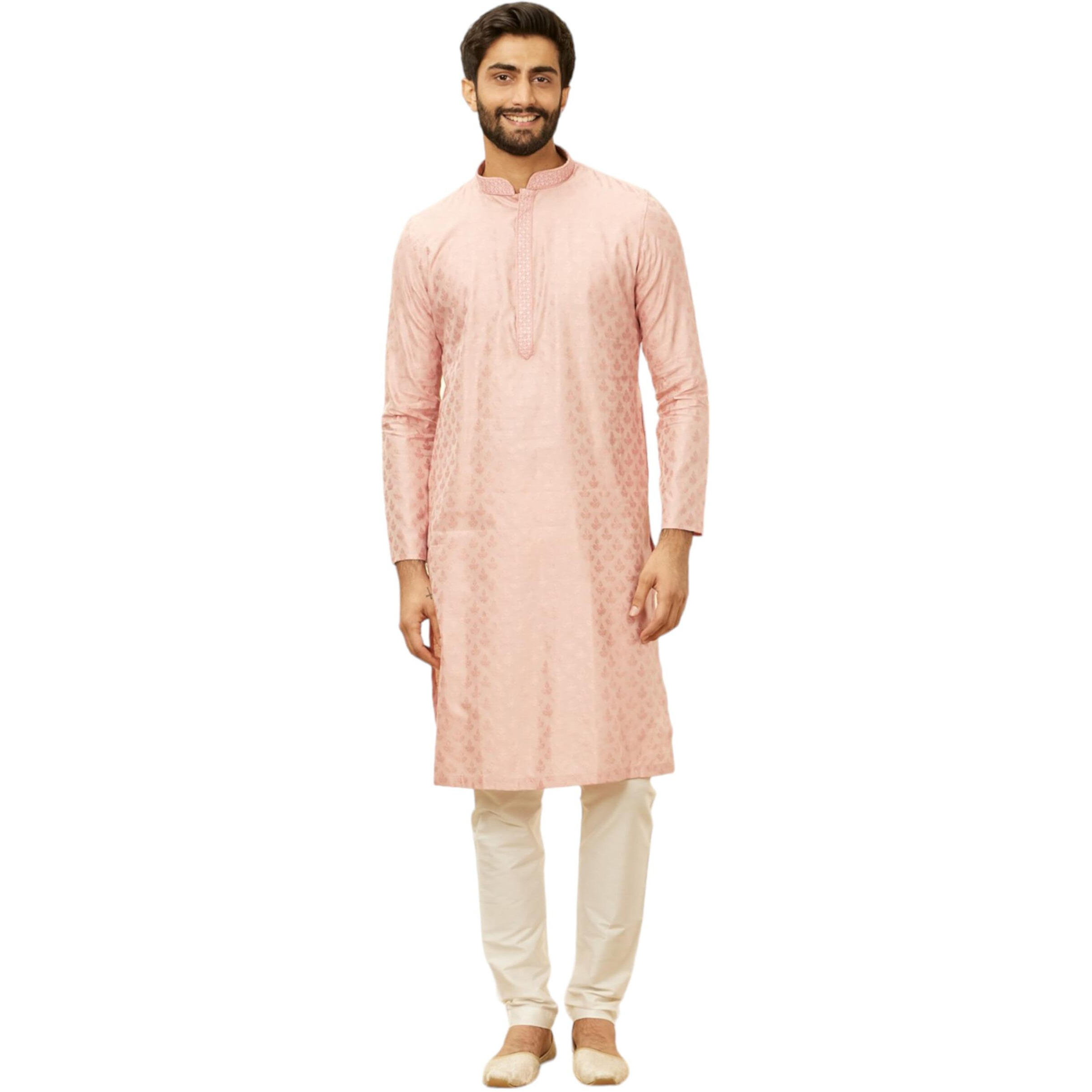 Manyavar Pink Blended Viscose Self Design Kurtas For Men (Kurta Only)