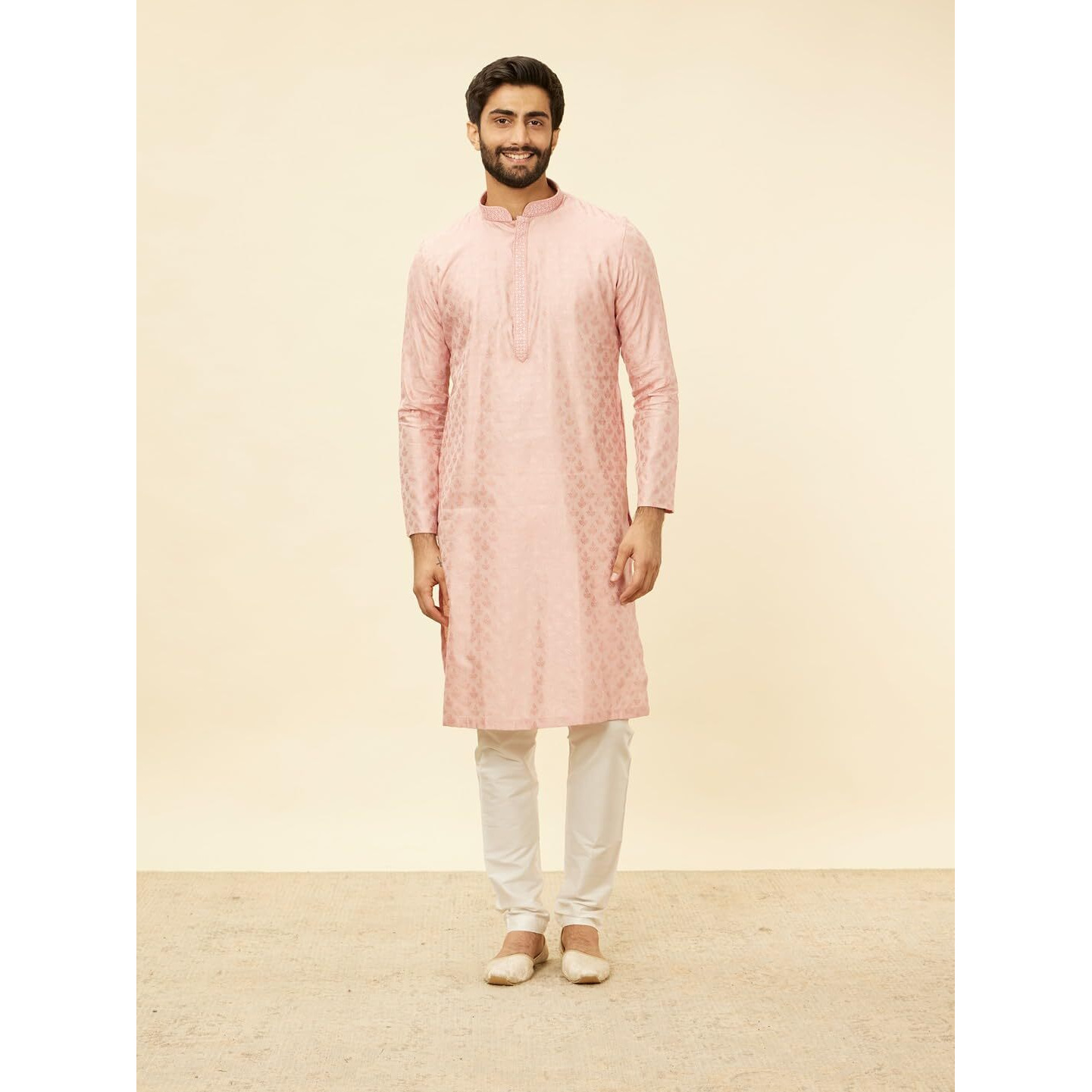 Manyavar Pink Blended Viscose Self Design Kurtas For Men (Kurta Only)