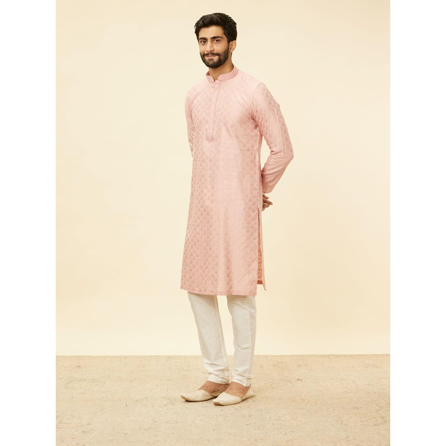 Manyavar Pink Blended Viscose Self Design Kurtas For Men (Kurta Only)