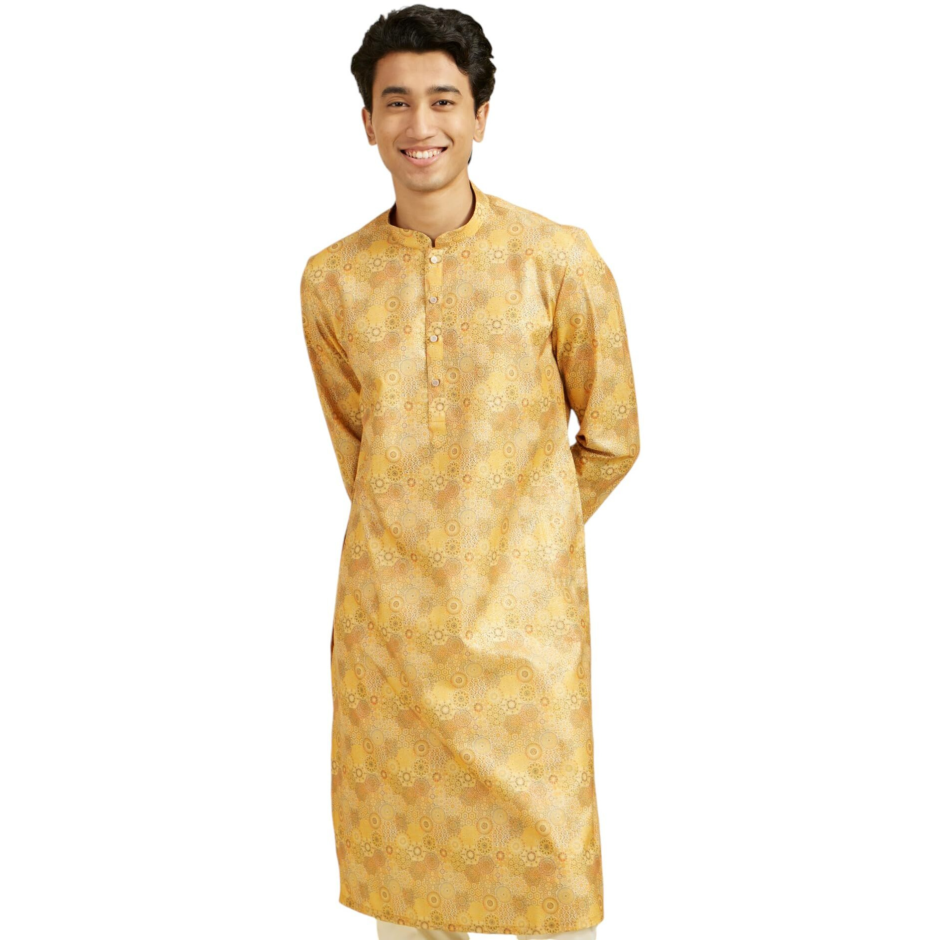 Diwas By Manyavar Men's Cotton Blend Printed Kurta (Mustard,Xxxl)
