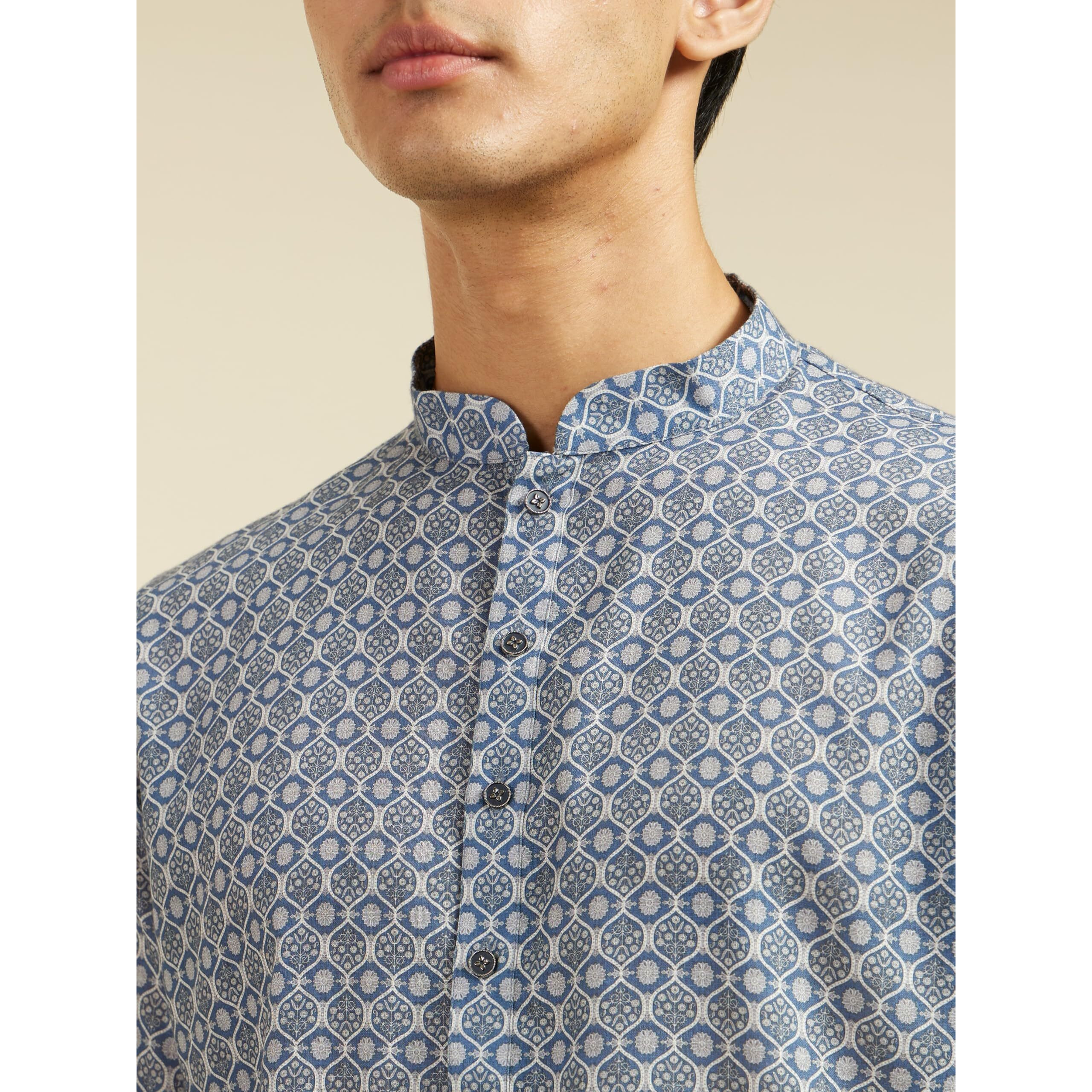 Diwas By Manyavar Men's Cotton Blend Printed Kurta (Blue,M)