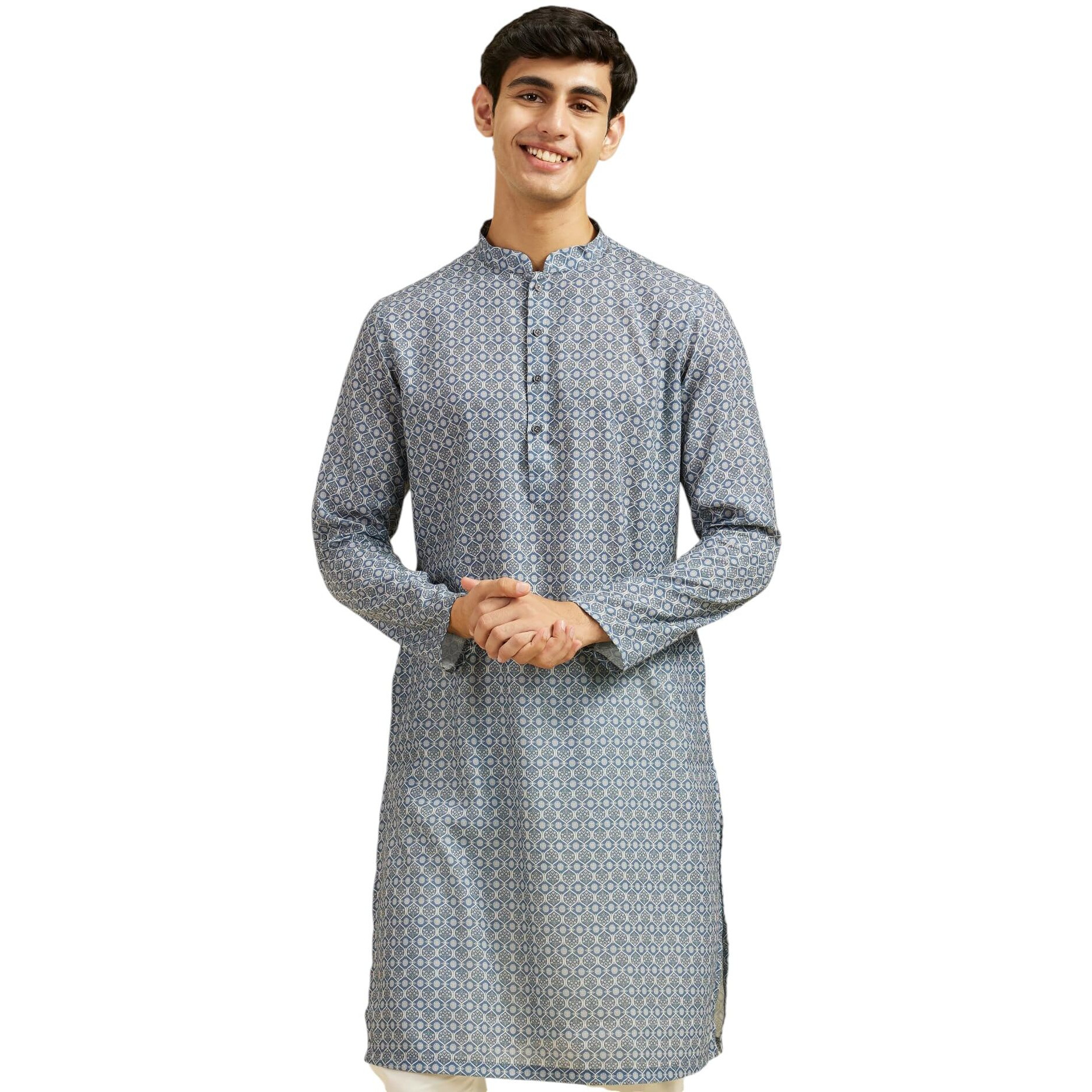 Diwas By Manyavar Men's Cotton Blend Printed Kurta (Blue,Xl)