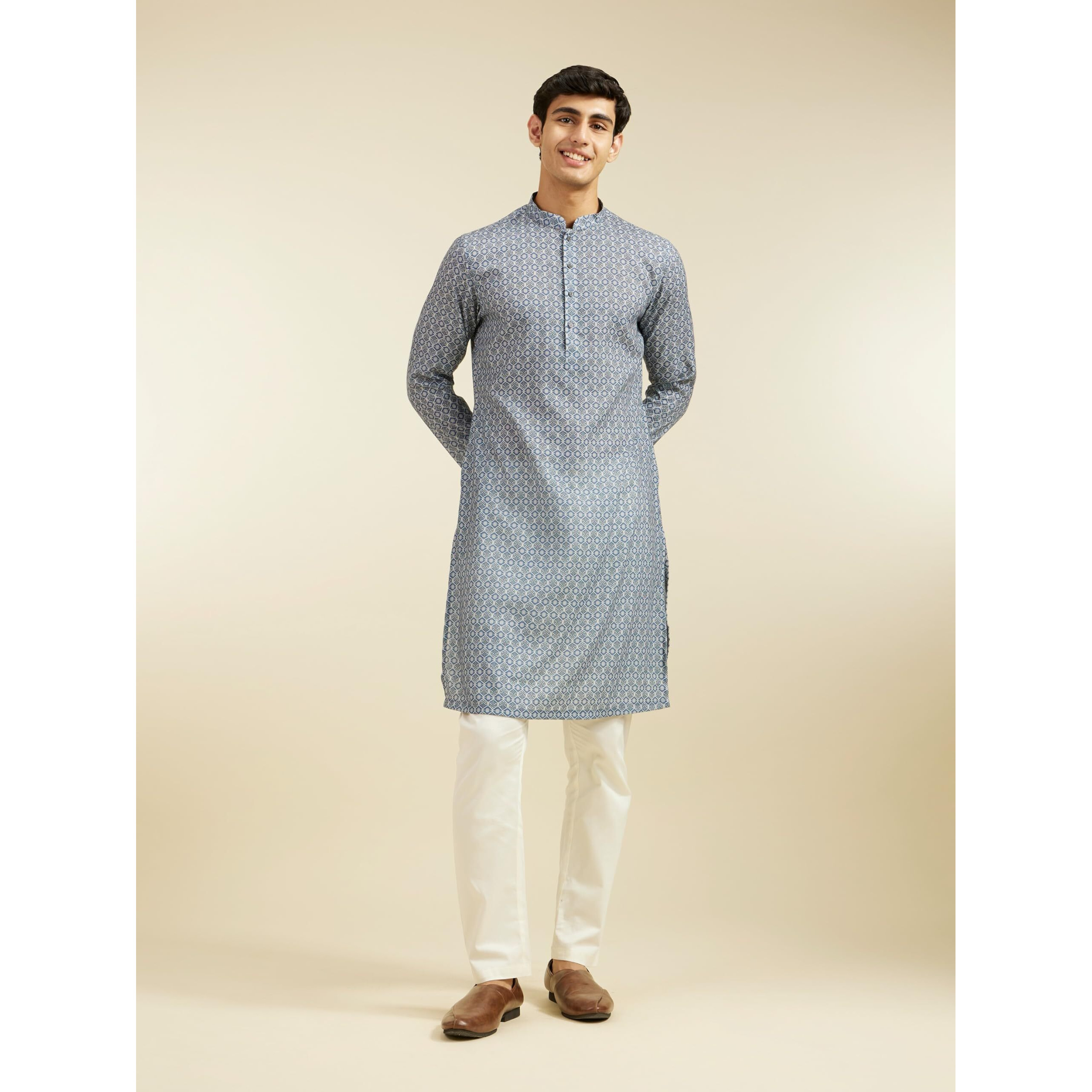 Diwas By Manyavar Men's Cotton Blend Printed Kurta (Blue,Xl)