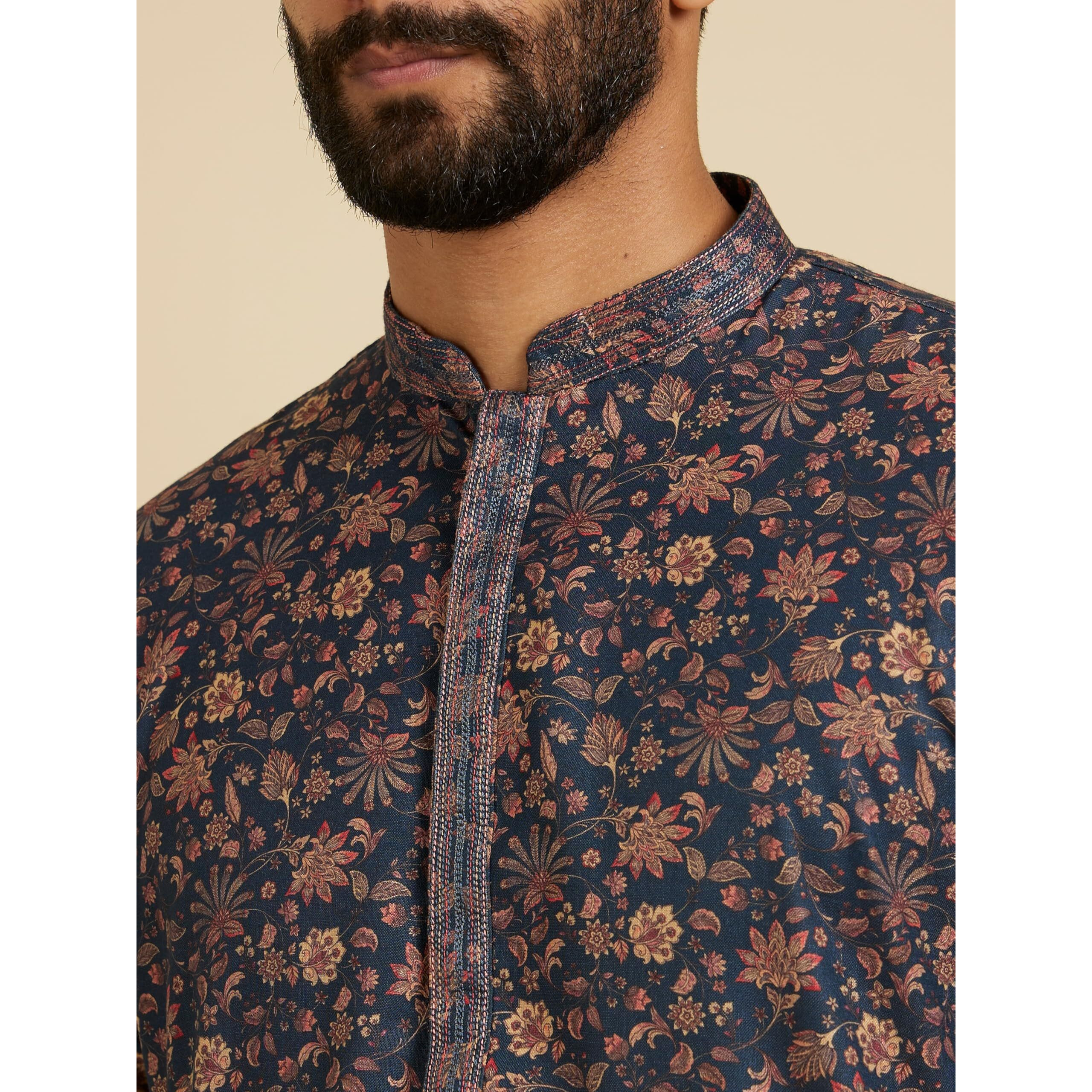 Manyavar Men's Viscose Blend Floral Print Kurta Pyjama Set (Blue,L)