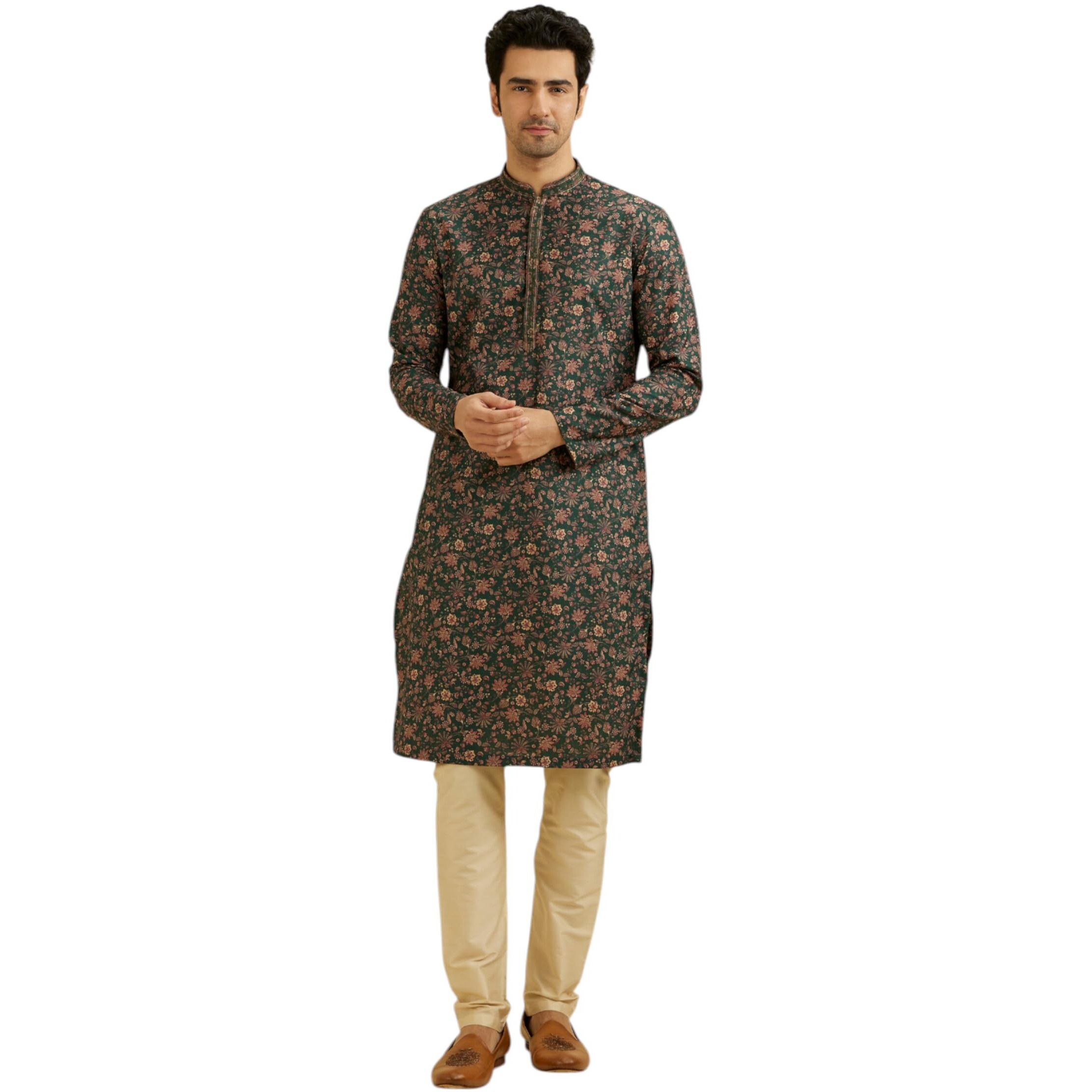 Manyavar Men's Viscose Blend Digital Print Kurta Set (Dark Green,M)