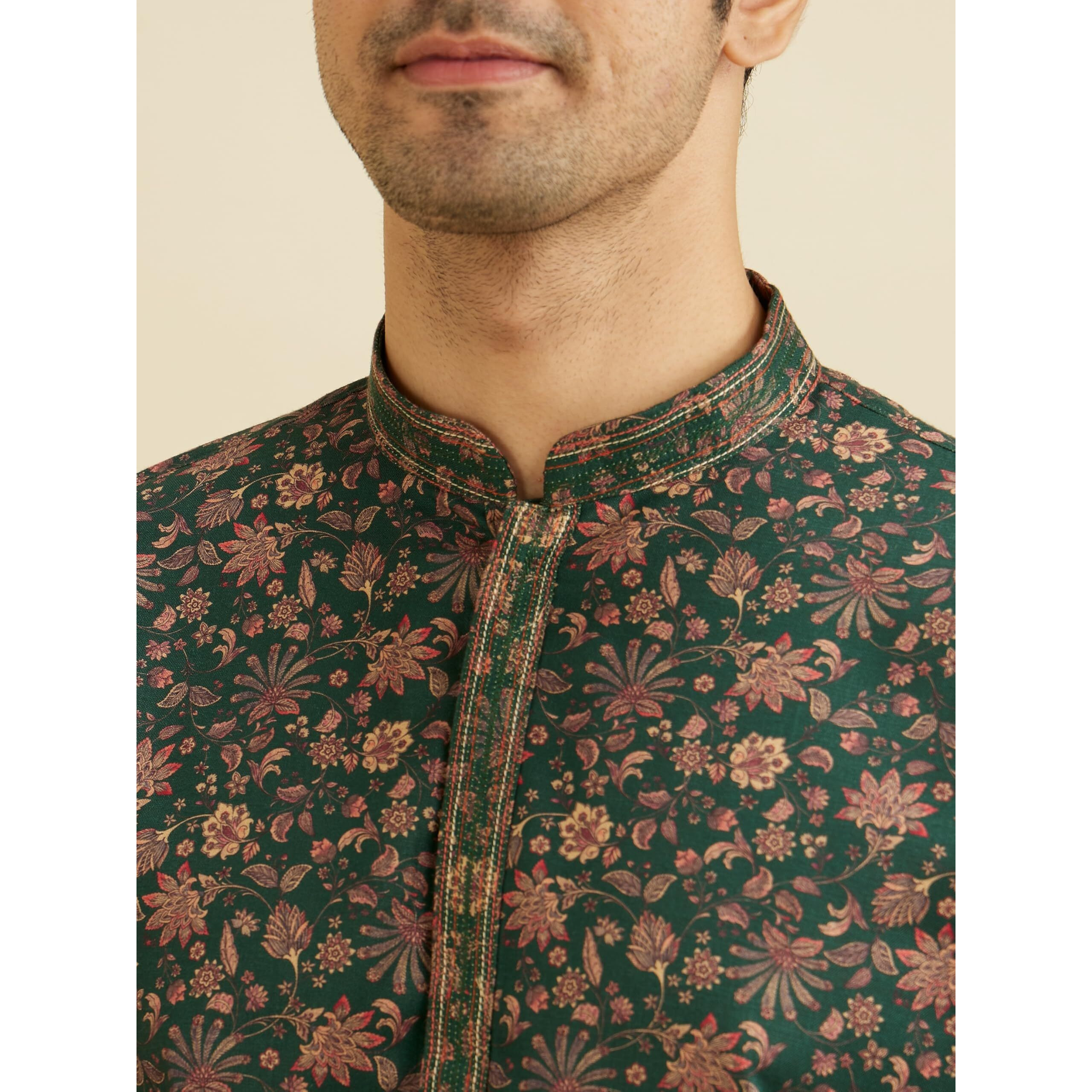 Manyavar Men's Viscose Blend Digital Print Kurta Set (Dark Green,M)