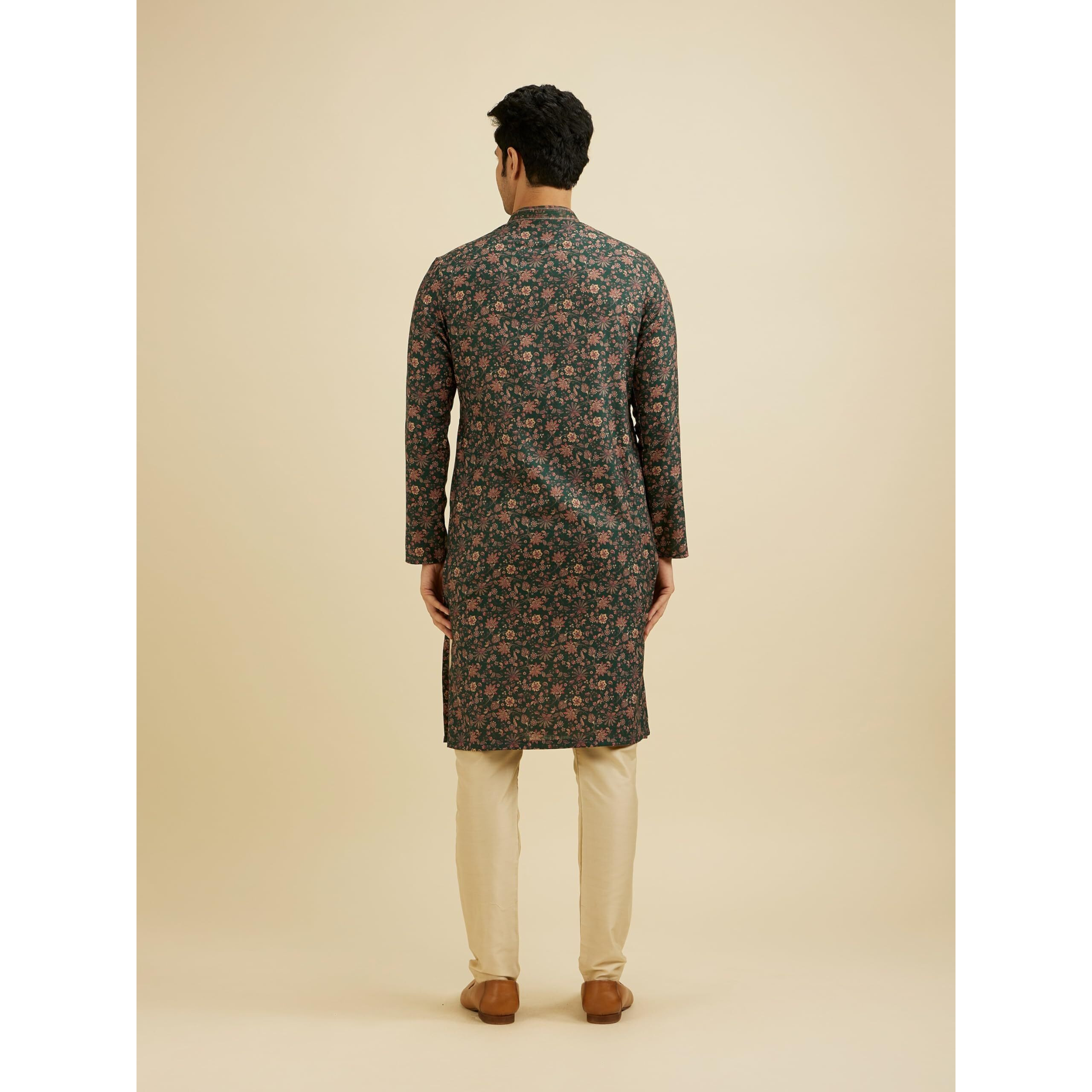 Manyavar Men's Viscose Blend Digital Print Kurta Set (Dark Green,L)