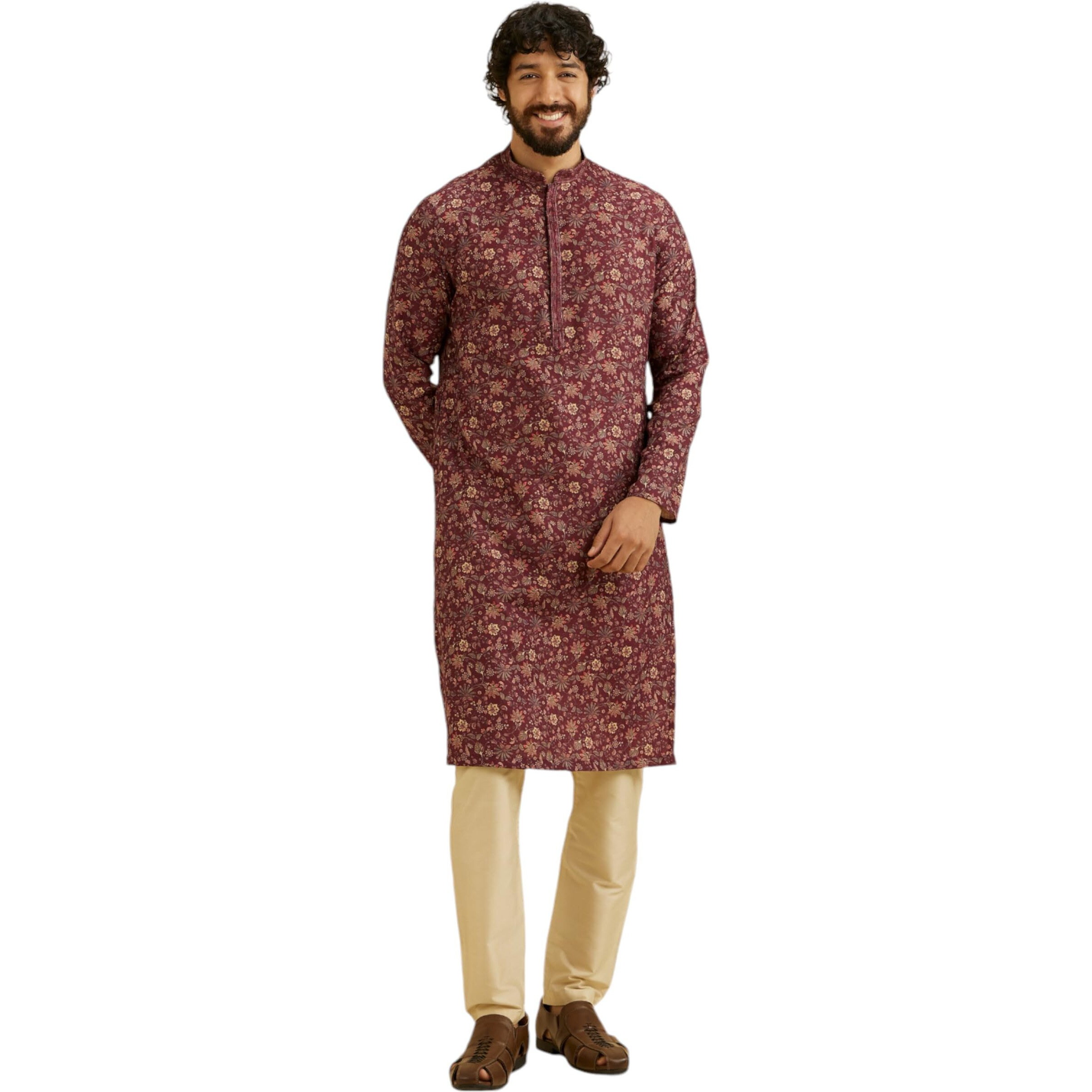 Manyavar Men's Viscose Blend Printed Kurta Set (Wine,Xxl)