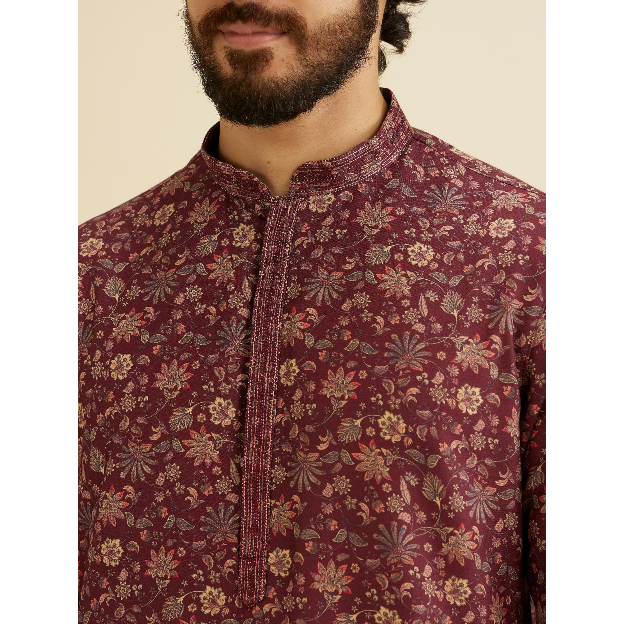 Manyavar Men's Viscose Blend Printed Kurta Set (Wine,Xxl)