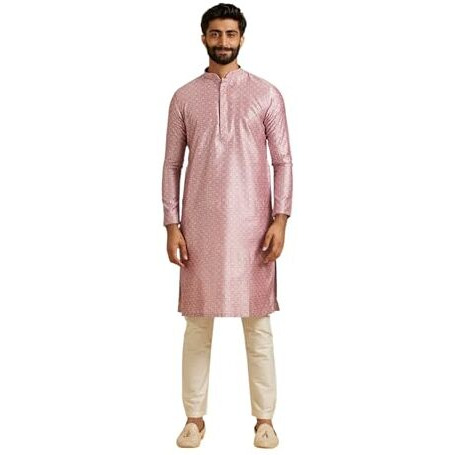 Manyavar Men's Art Silk Neck Embellished, Jacquard Kurta Pyjama Set (Pink,L)