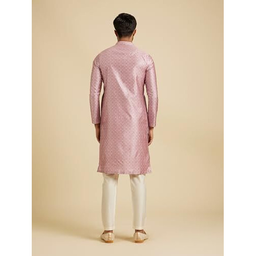 Manyavar Men's Art Silk Neck Embellished, Jacquard Kurta Pyjama Set (Pink,L)