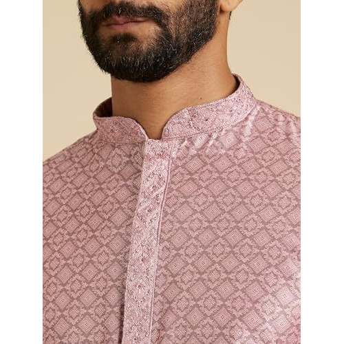 Manyavar Men's Art Silk Neck Embellished, Jacquard Kurta Pyjama Set (Pink,L)