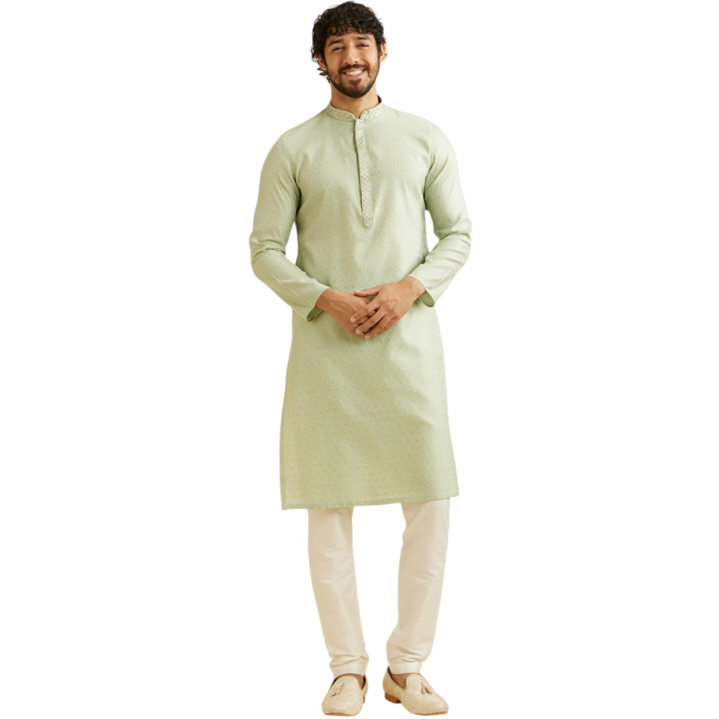 Manyavar Men's Viscose Blend Thread Work| Self Design Kurta Pyjama Set (Green,Xl)