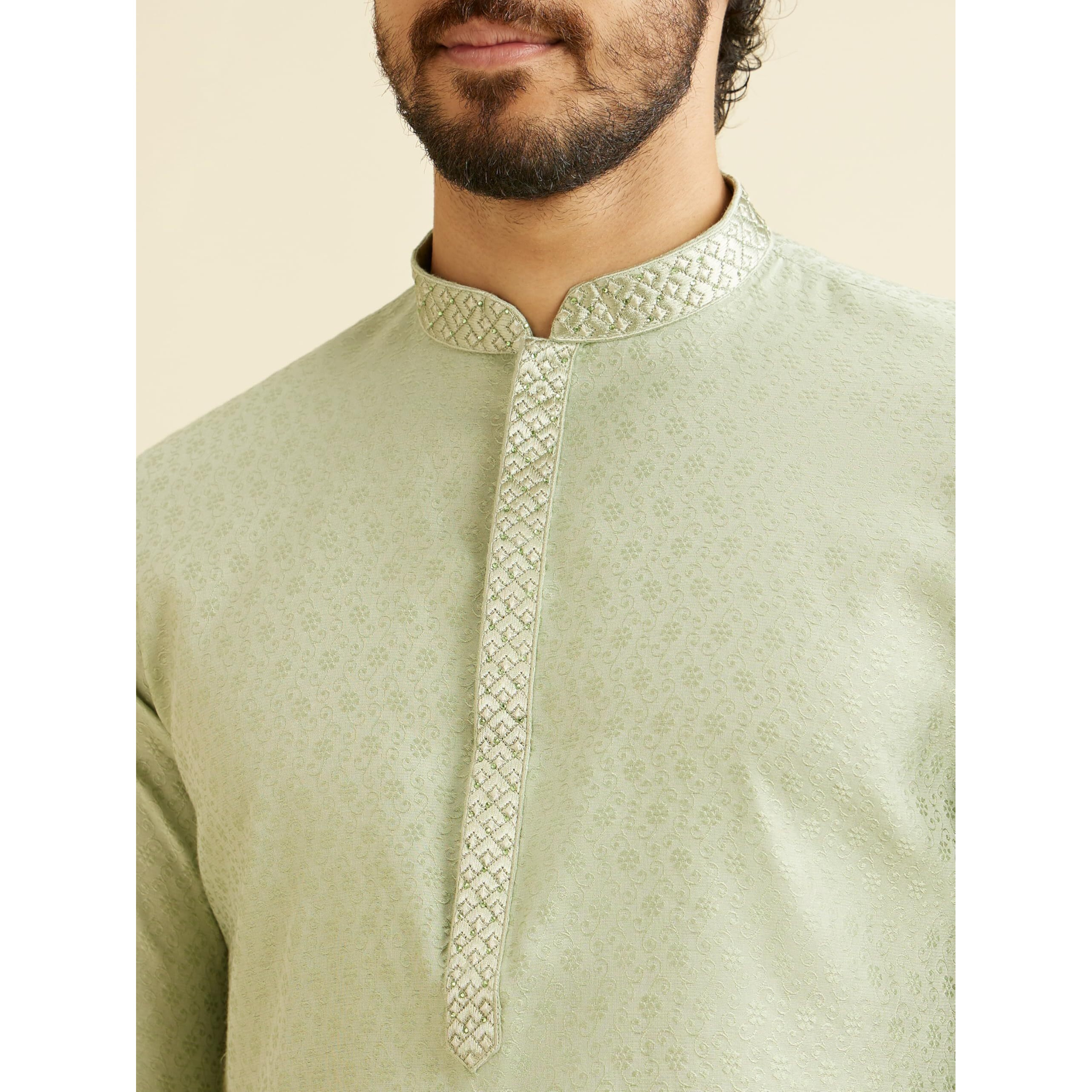 Manyavar Men's Viscose Blend Thread Work| Self Design Kurta Pyjama Set (Green,Xl)