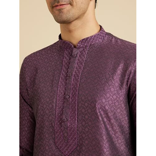 Manyavar Men's Viscose Blend Embroidered Neckline Kurta Pyjama Set (Purple,L)