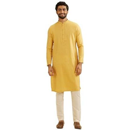 Manyavar Men's Blended Viscose Self Design Kurta Set (Yellow,L)