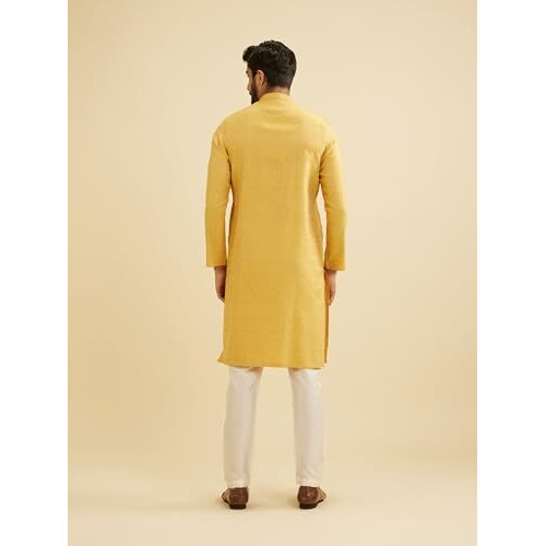 Manyavar Men's Blended Viscose Self Design Kurta Set (Yellow,L)