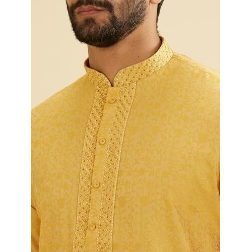 Manyavar Men's Blended Viscose Self Design Kurta Set (Yellow,L)