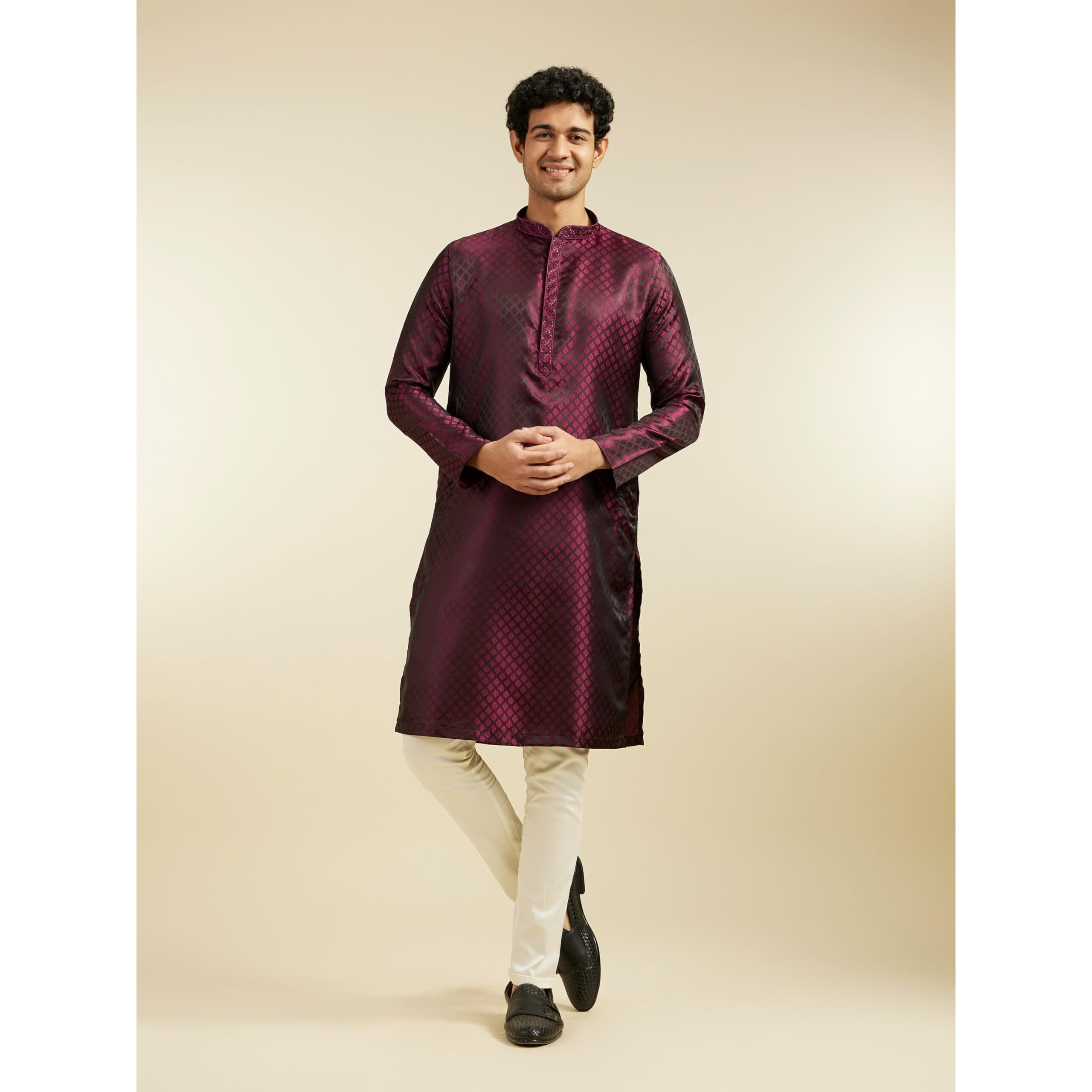 Diwas By Manyavar Men's Satin Jacquard| Self Design Kurta (Wine,S)